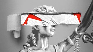 Illustration of a statue of justice with torn paper over her eyes revealing a stack of papers beneath